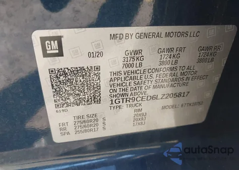 2020 GMC Sierra 1500 4Wd Standard Box Elevation z USA, uszkodzony, nr VIN 1GTR9CED6LZ205817